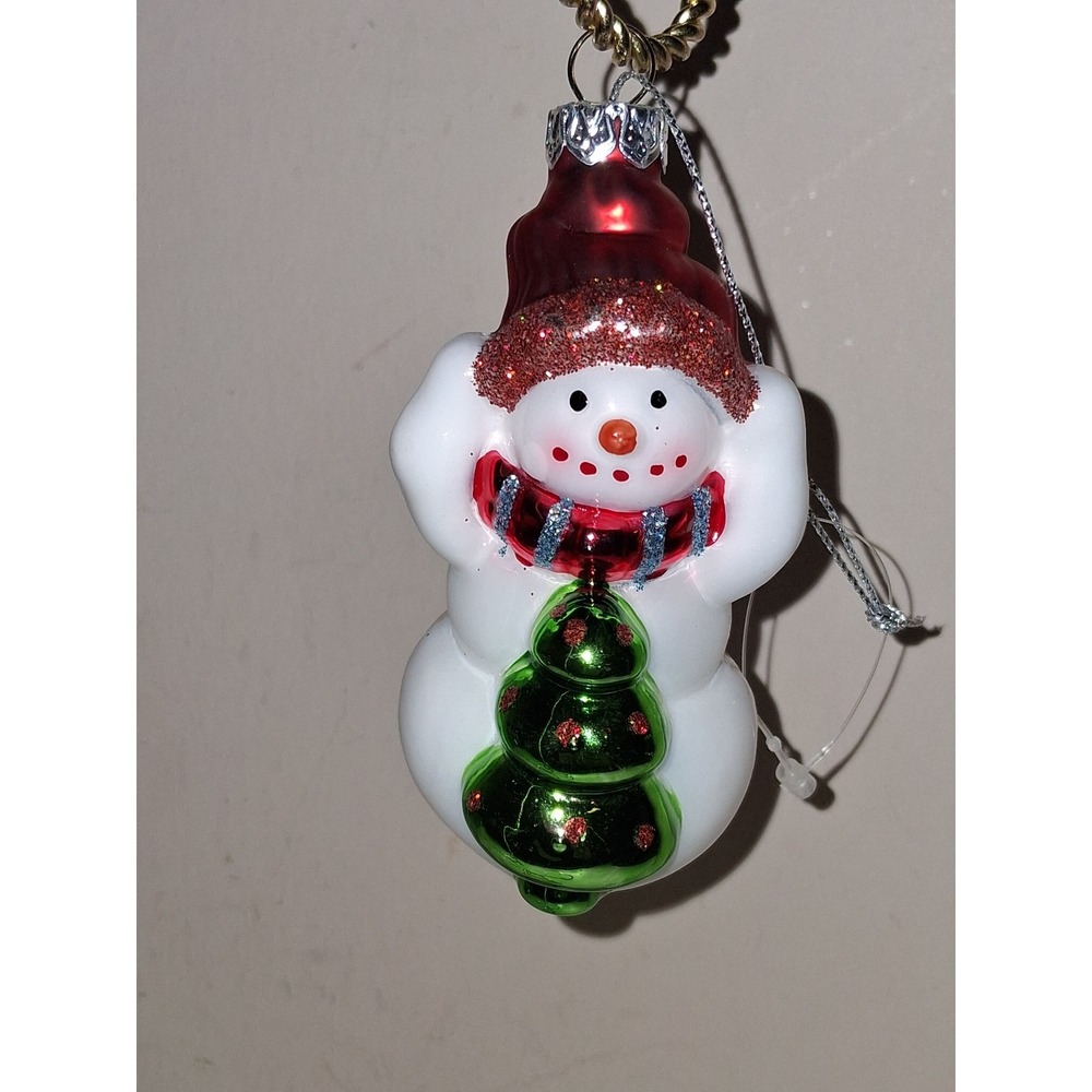 Vintage Glass Snowman Ornament Holding Christmas Tree Red Hat Hand Painted 3.5"